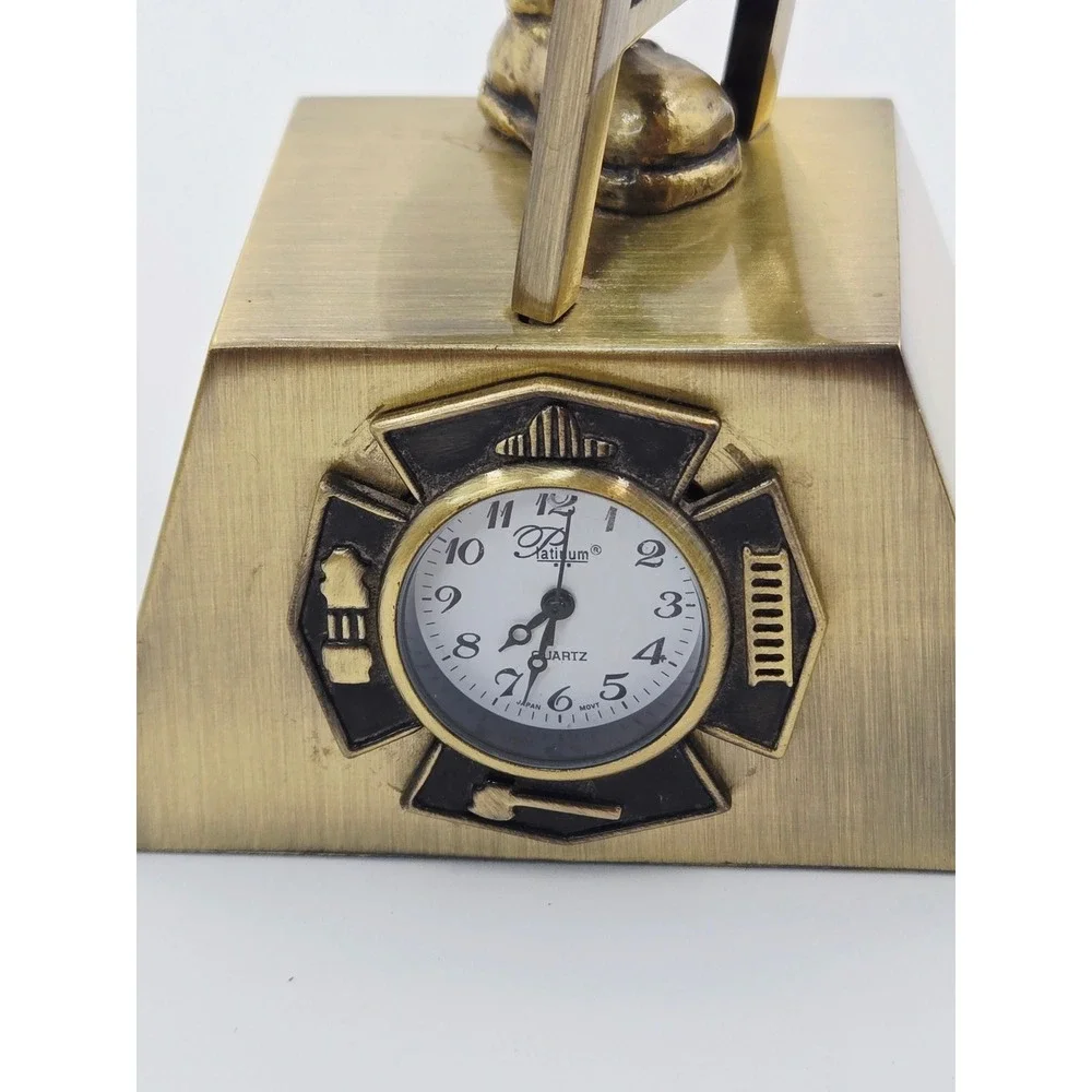 Firefighter Figurine Desk Clock Bronze Fireman Ladder Rescue 6